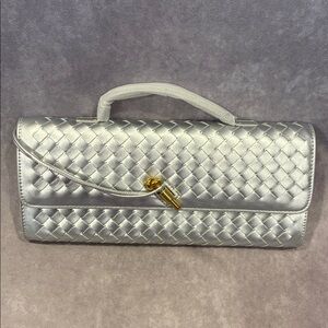 Woven Metallic Silver Top-Handle Clutch
